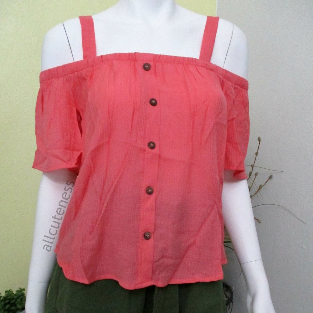 Coral Woven Off Shoulder Top Cold Shoulder Blouse Size M